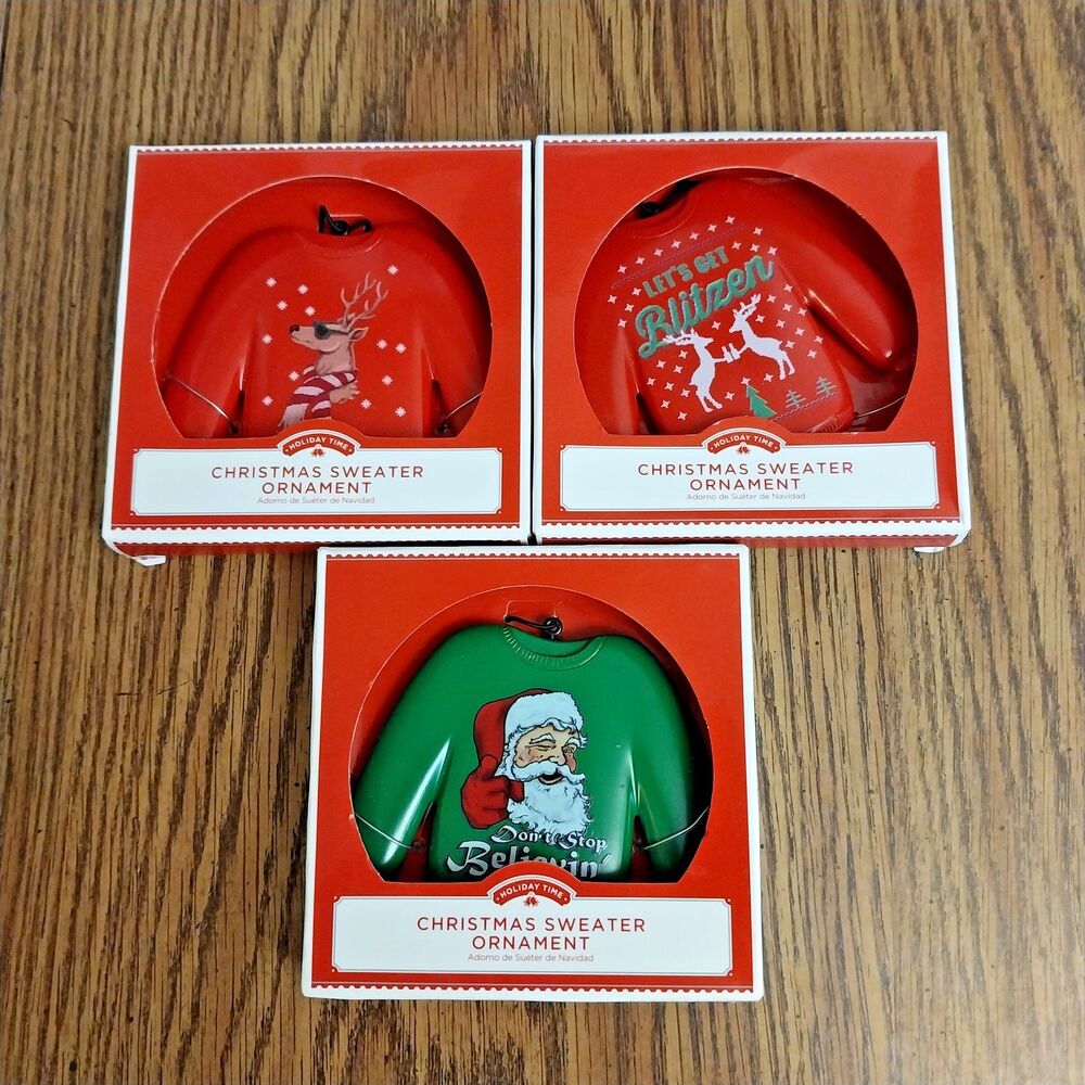 Lot of 3 Christmas Sweater Ornaments Let's Get Blitzen, Don't Stop Believin'